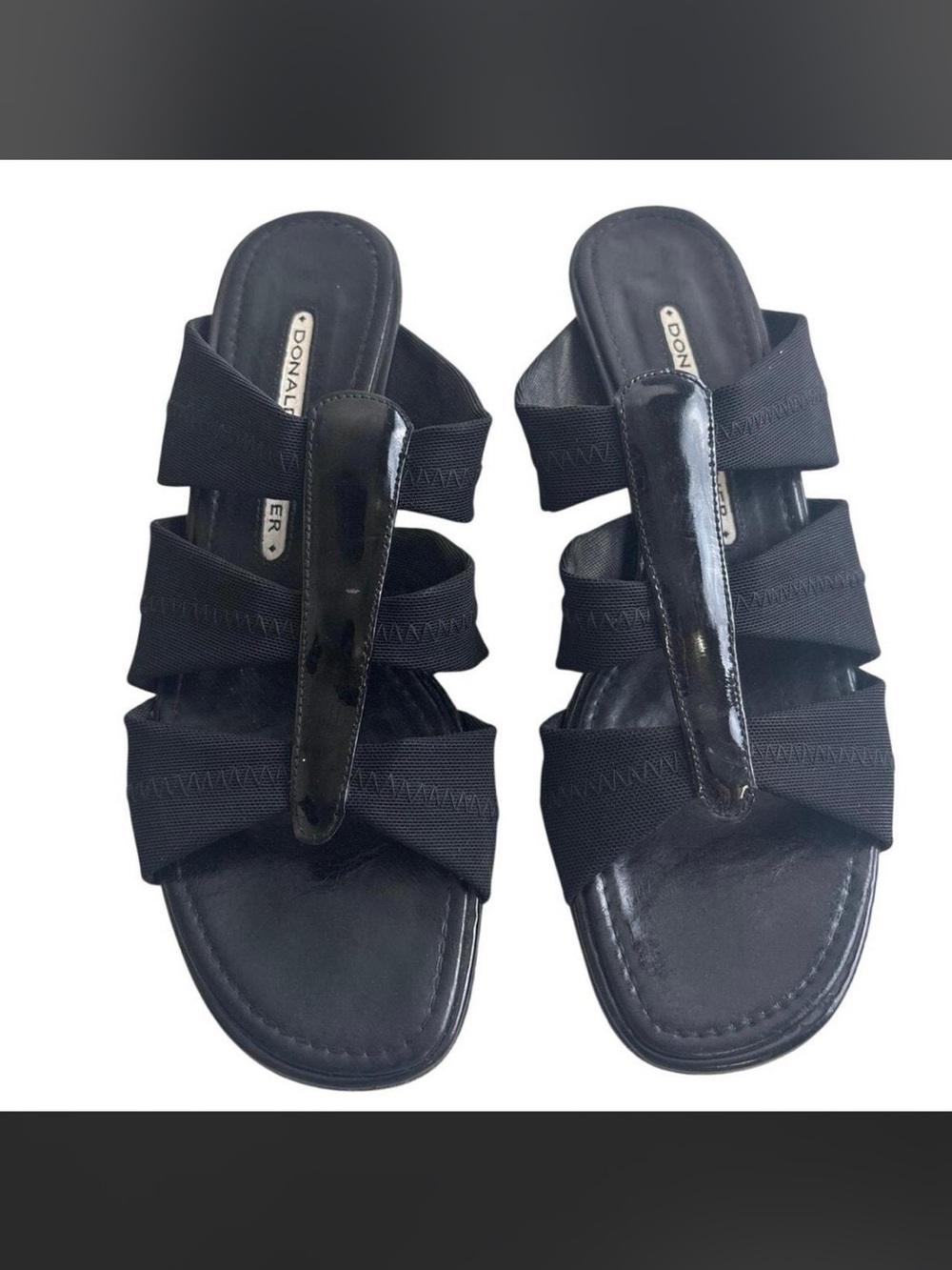 Donald J. Pliner Black Patent and Elastic Fabric Multi-Strap Slide Sandals